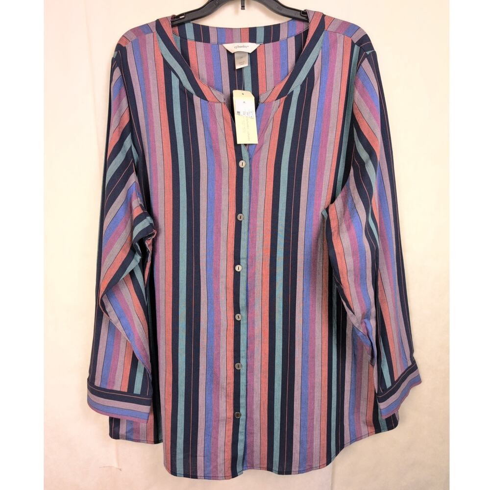 New CJ Banks purple striped button up top Size 2X Classic Preppy Colorful Casual